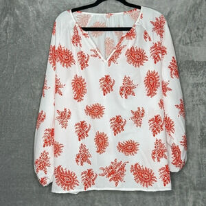 Amazon XL Shirt Top White Orange Paisley Long Sleeve V Neck Sheer Stretch Women